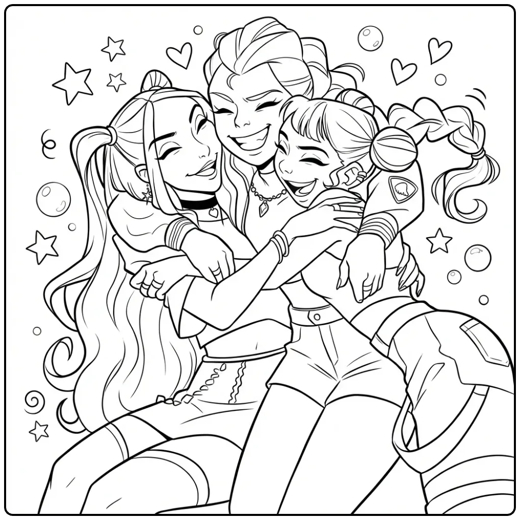 Vrolijke kleurplaat kpop demon hunters groepsknuffel.