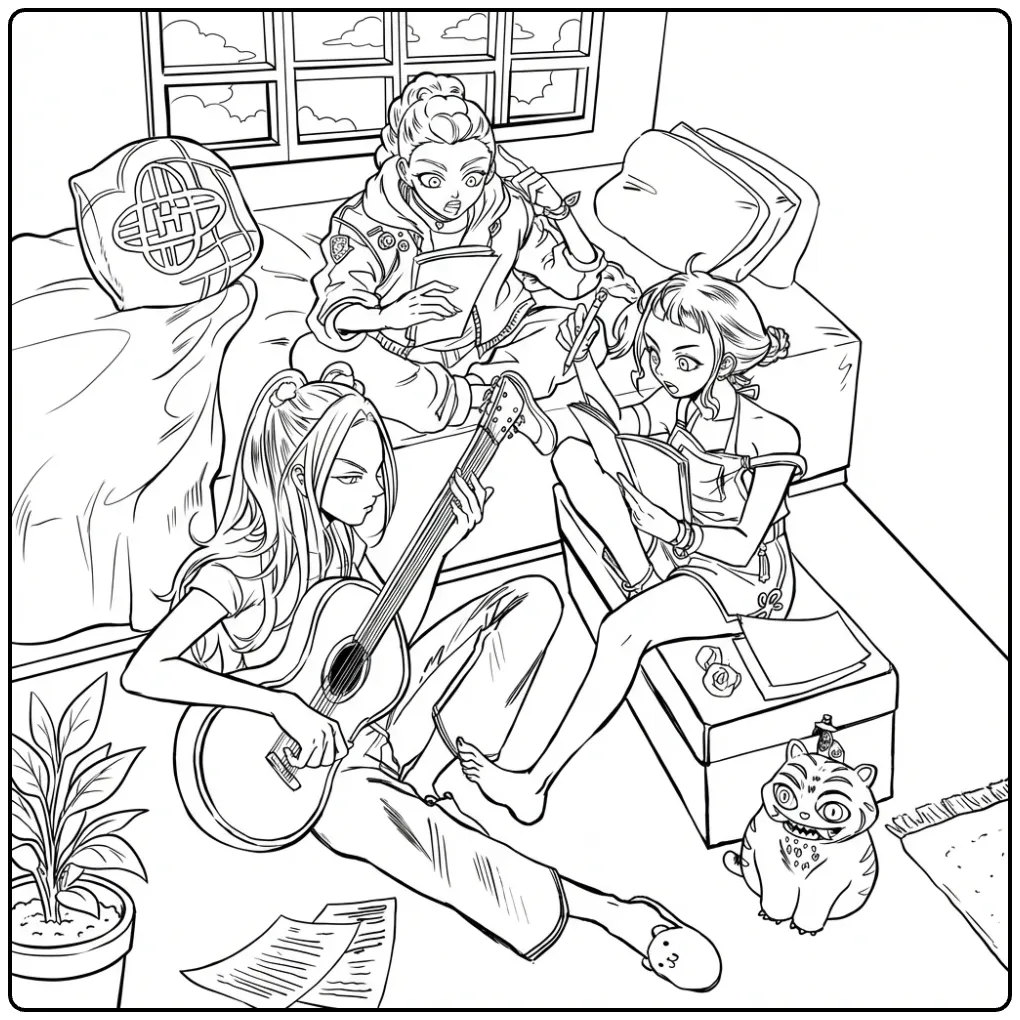 Kleurplaat kpop demon hunters met meiden die muziek maken en lezen.