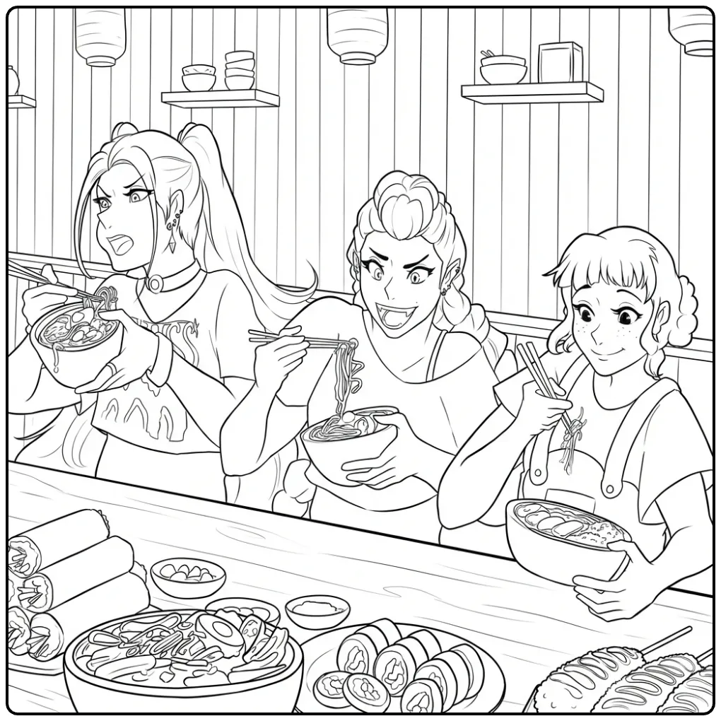 Een kleurplaat kpop demon hunters die ramen eten in een restaurant.