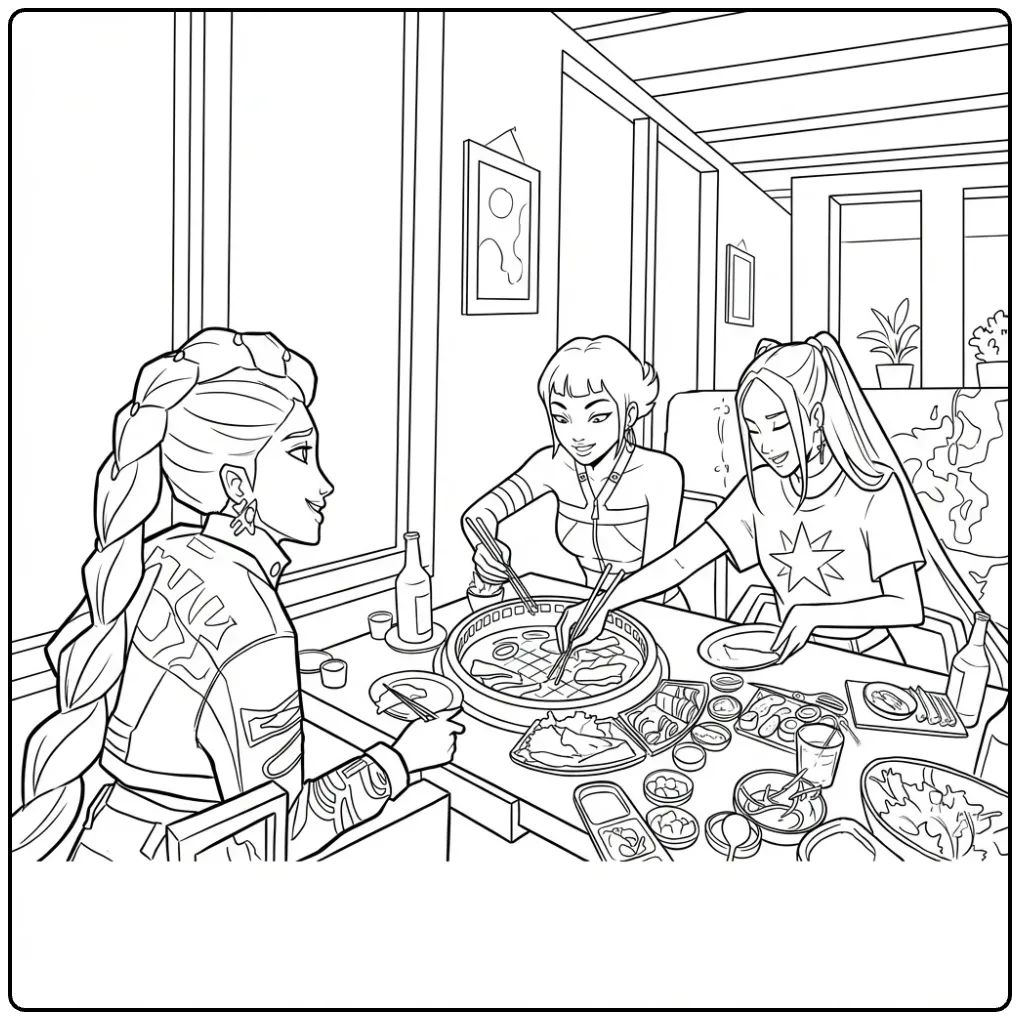 Kleurplaat kpop demon hunters eten Koreaanse barbecue.