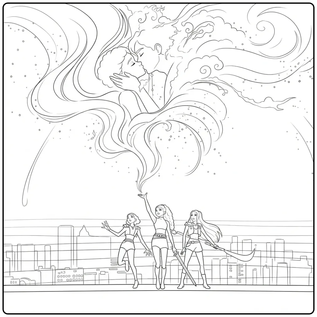 Magische kleurplaat kpop demon hunters op een dak in actie.