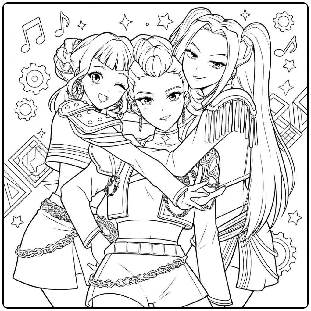 Kleurplaat kpop demon hunters: drie meiden poseren samen.