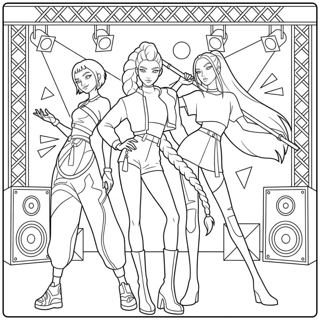 Kleurplaat kpop demon hunters meidengroep op podium.