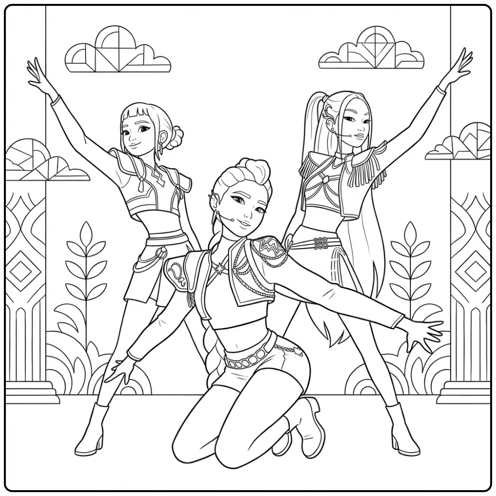 Drie Kpop demon hunters kleurplaat figuren in stoere kleding.