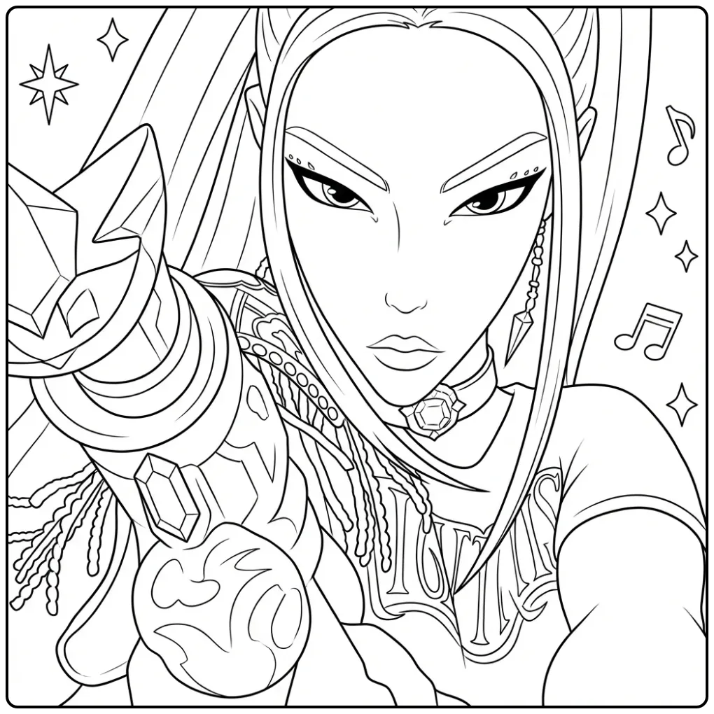 Kleurplaat kpop demon hunters mira karakter met wapen in actie.