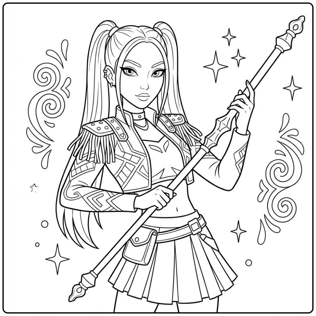 Kleurplaat kpop demon hunters mira in stijlvolle outfit.