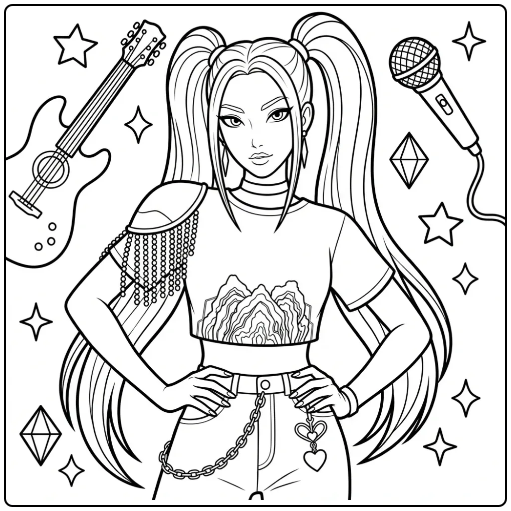 Gedetailleerde kleurplaat kpop demon hunters mira met idool.