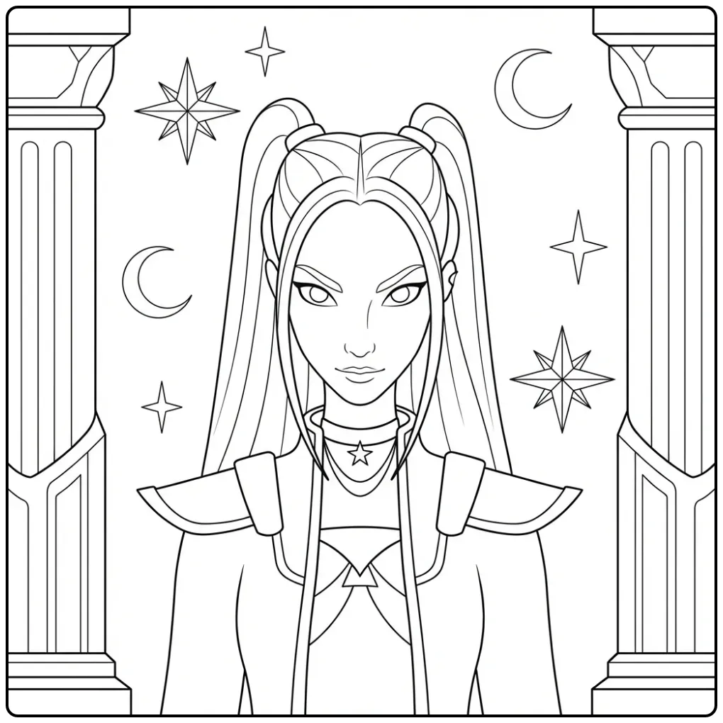 Kleurplaat Kpop Demon Hunters Mira als strijder met sterren.