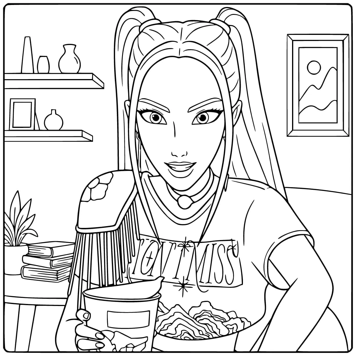 Kleurplaat Kpop Demon Hunters Mira met een beker noedels.