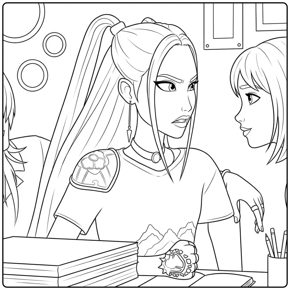 Kleurplaat Kpop Demon Hunters Mira kijkt boos naar vriendin.