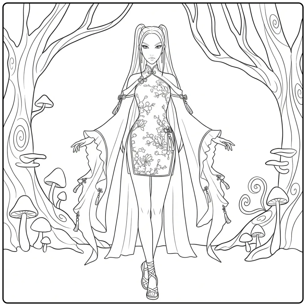 Kleurplaat kpop demon hunters mira, jonge vrouw in een bos.