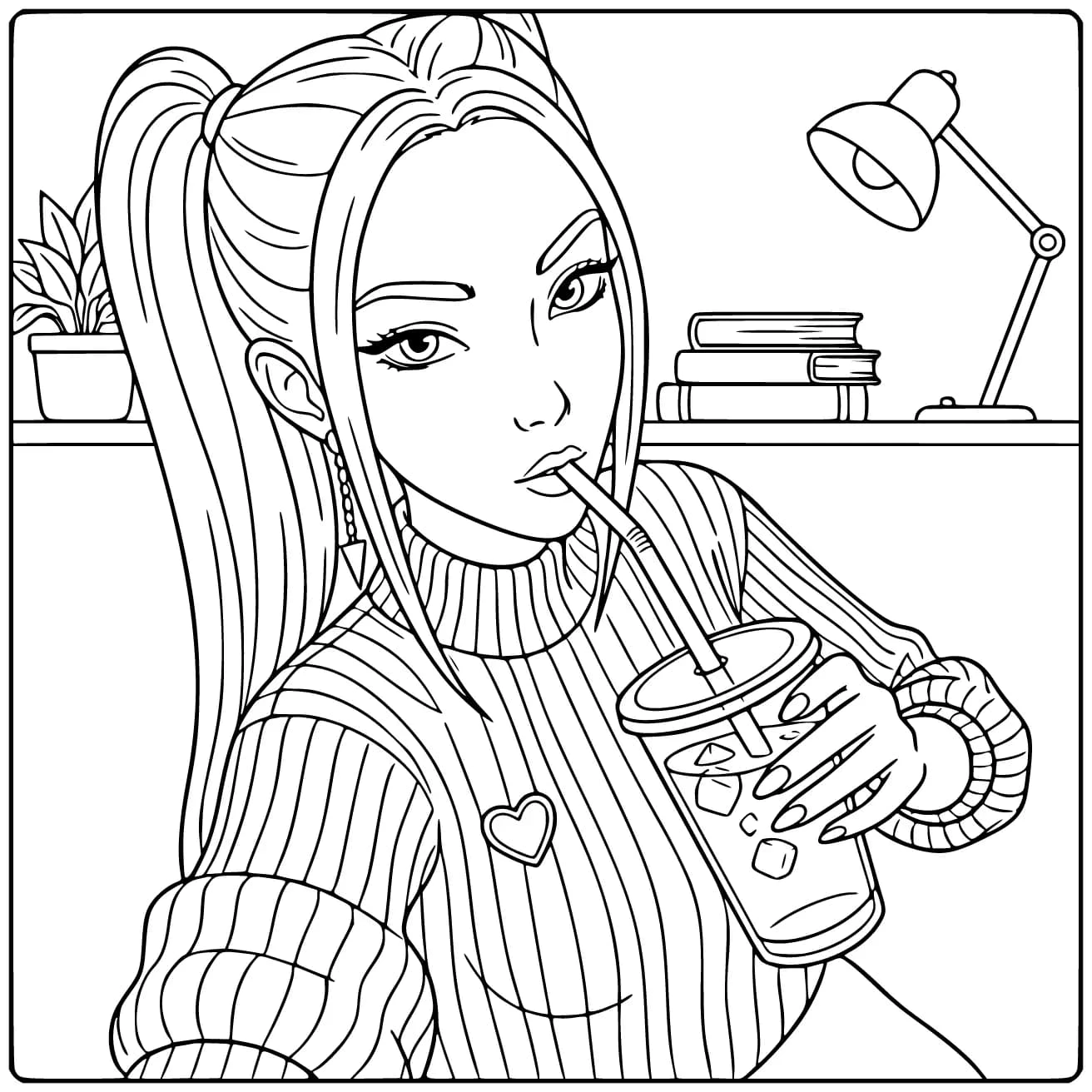 Een kleurplaat kpop demon hunters mira van een meisje dat drinkt.