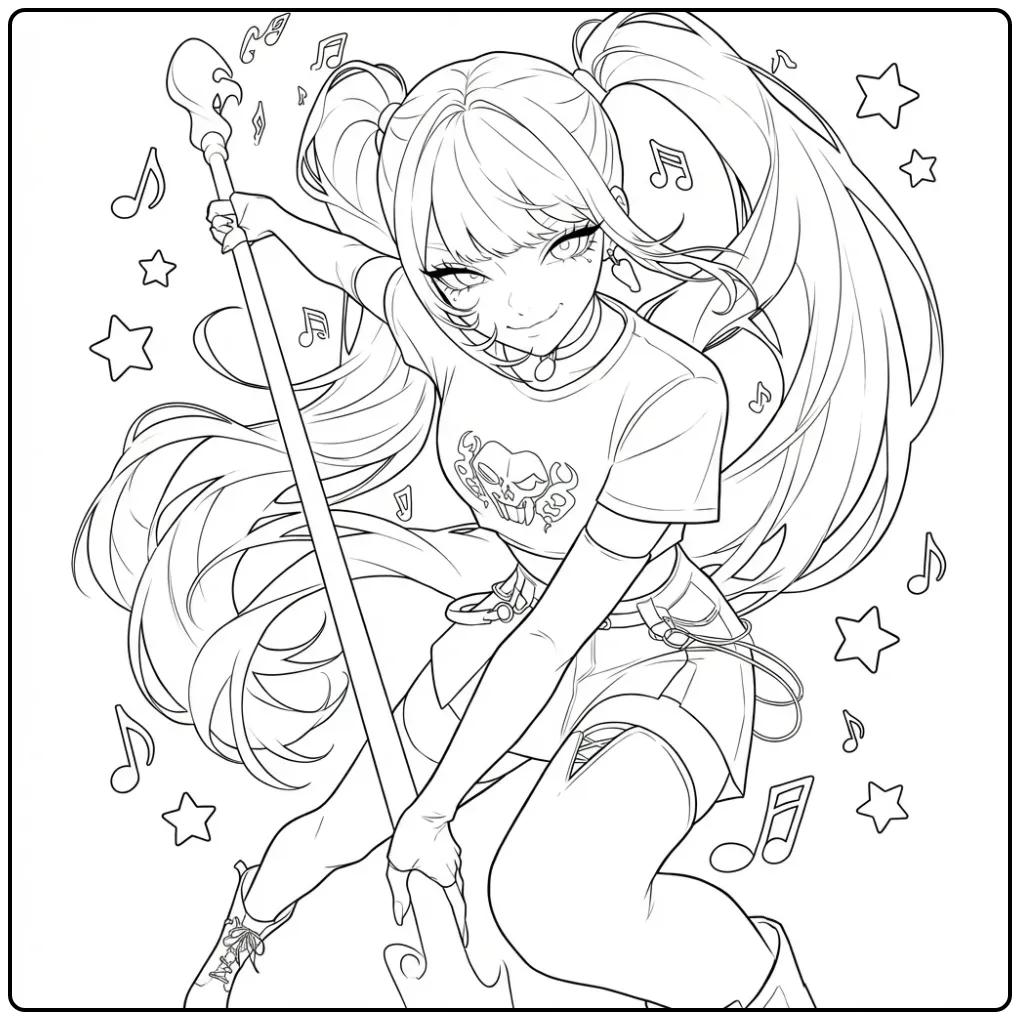 Kleurplaat kpop demon hunters mira met microfoonstaf.