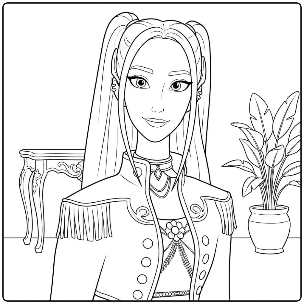 Kleurplaat kpop demon hunters mira, meisje met staartjes in militair jasje.