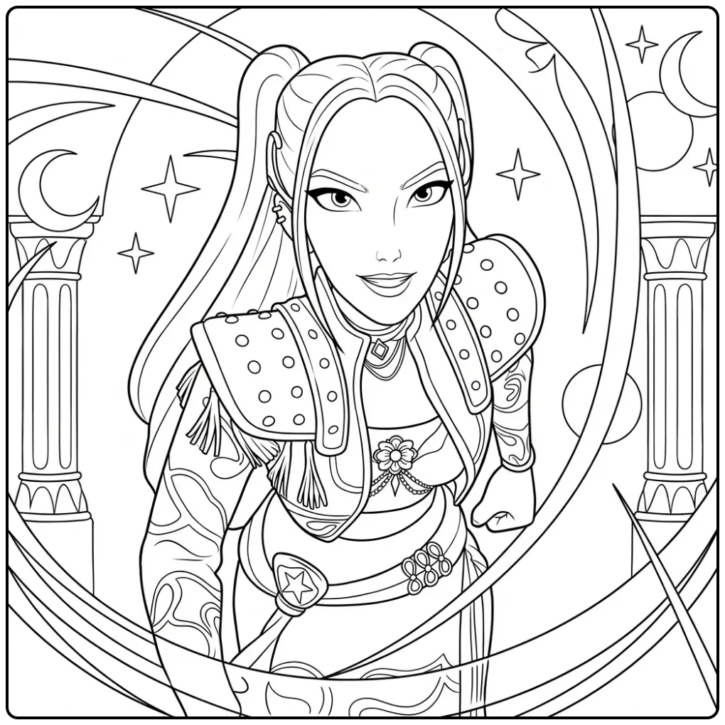 Kleurplaat kpop demon hunters mira in harnas met sterren.