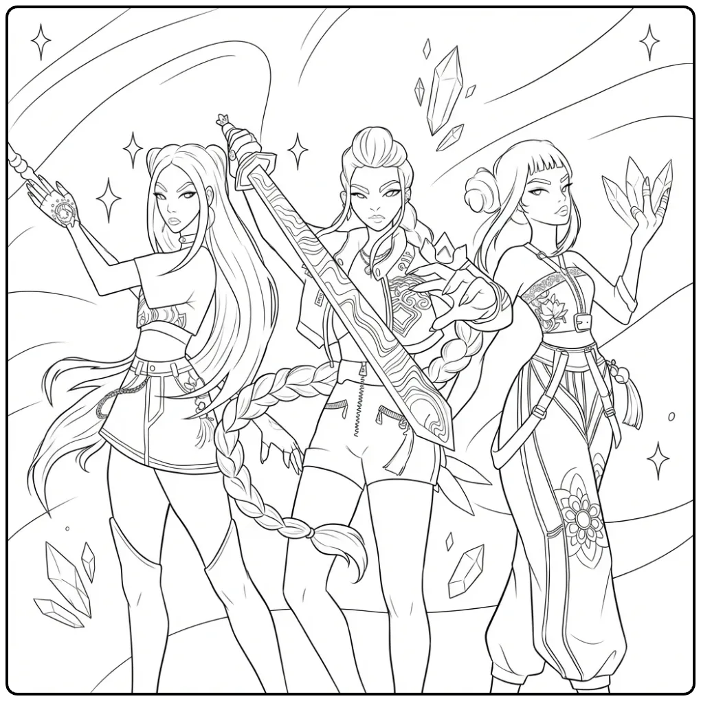 Kleurplaat kpop demon hunters met zwaarden en kristallen.