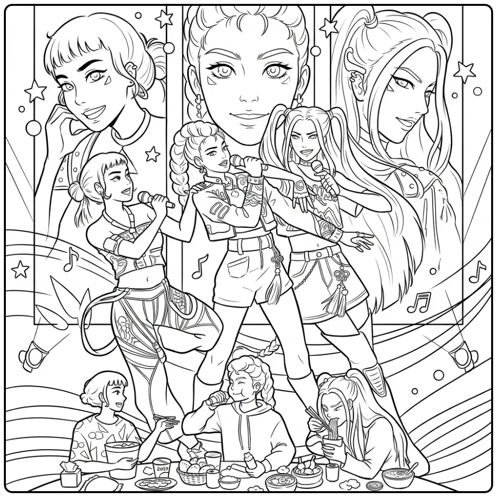 Kleurplaat kpop demon hunters zingend en etend aan tafel.