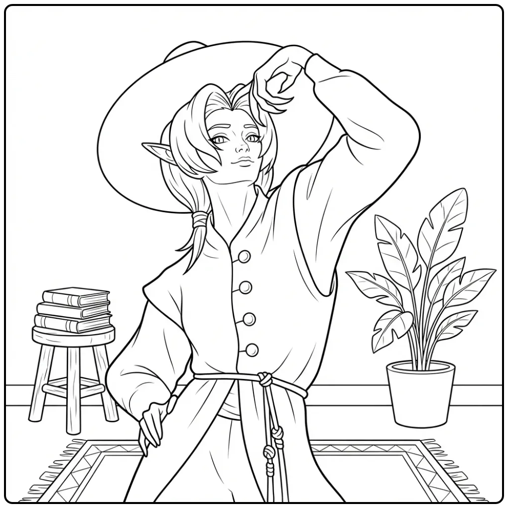 Kleurplaat kpop demon hunters Romance personage in een kamer.