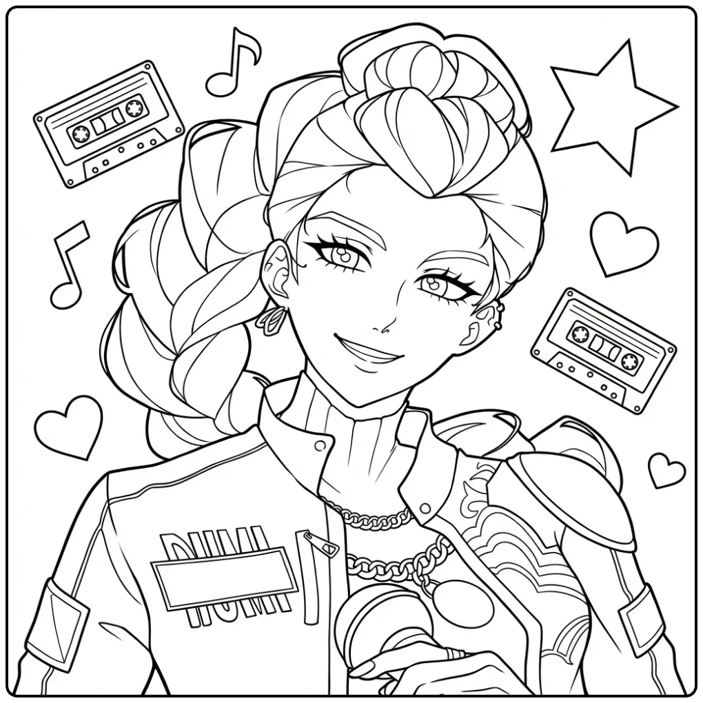 Kleurplaat Kpop Demon Hunters Rumi, zingend met microfoon.