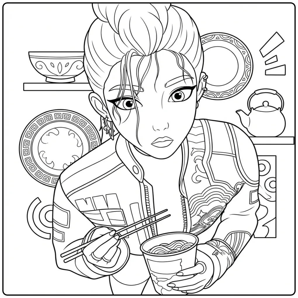 Een kleurplaat kpop demon hunters rumi met noedels in een keuken.