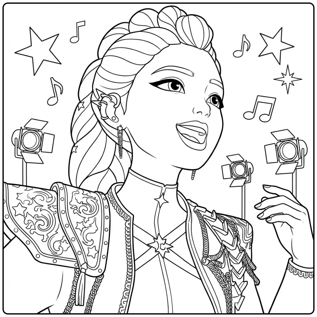 kleurplaat kpop demon hunters rumi zingt op podium met lichten.