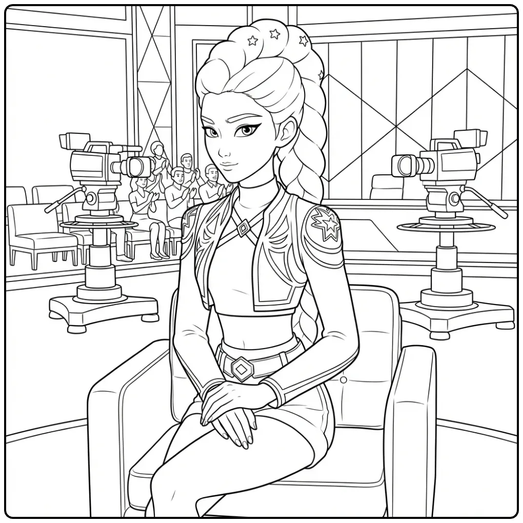 Kleurplaat kpop demon hunters rumi in tv studio.