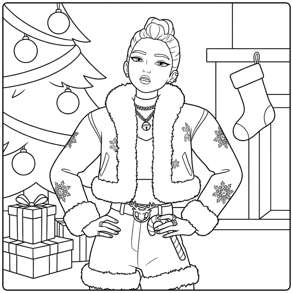 Kleurplaat kpop demon hunters Rumi bij de kerstboom.