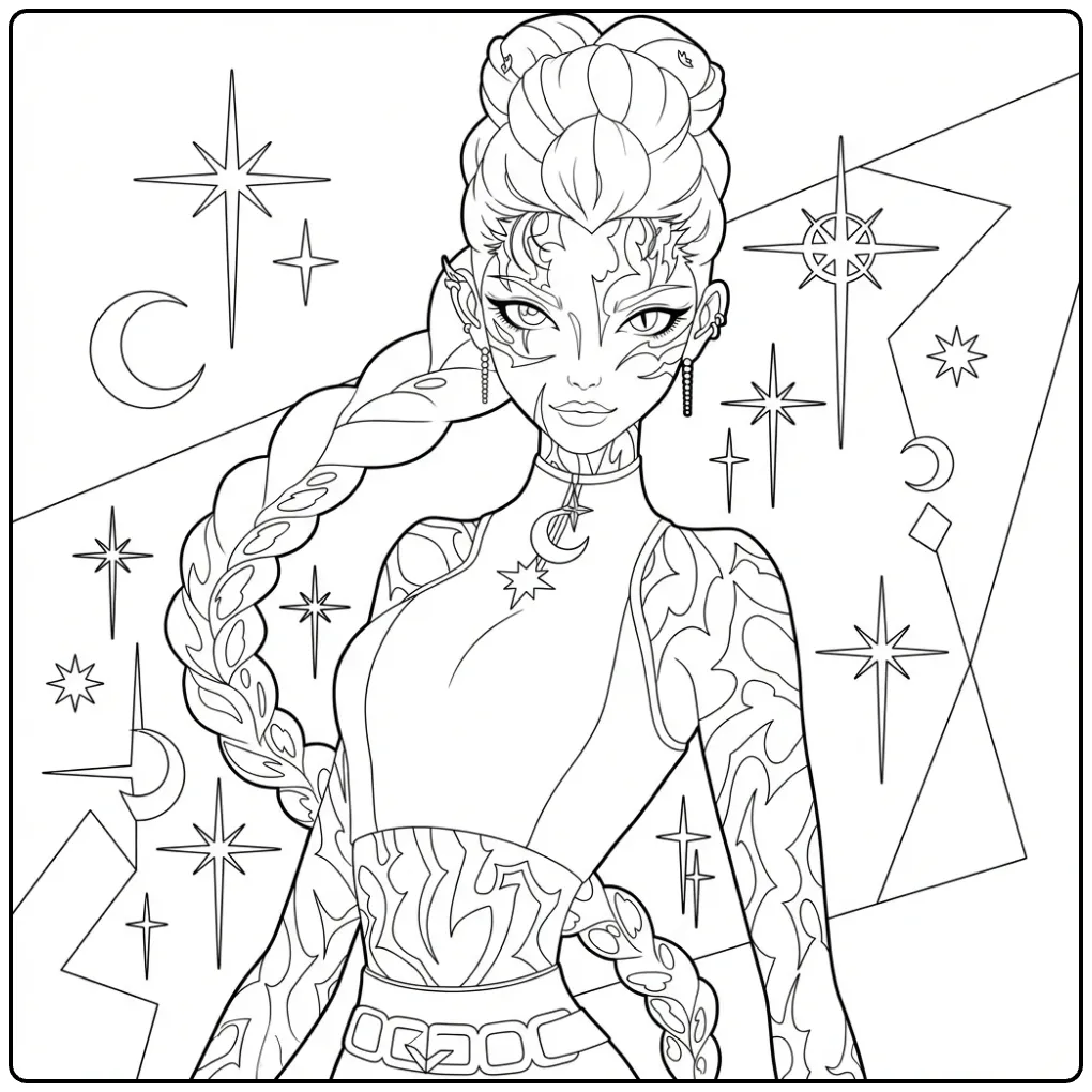 Kleurplaat kpop demon hunters rumi personage met vlecht en tattoos.