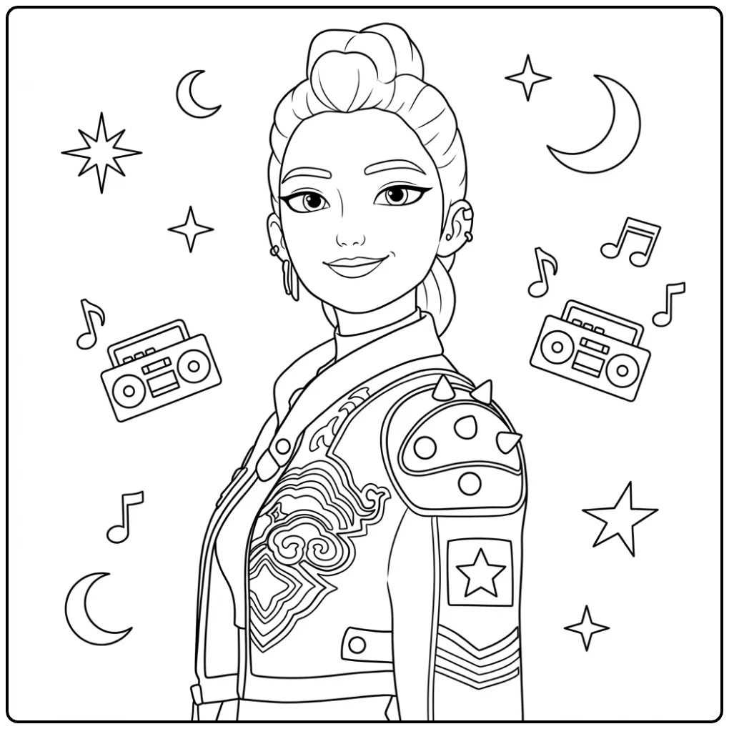 Kleurplaat kpop demon hunters rumi met stoere jas en muziek.