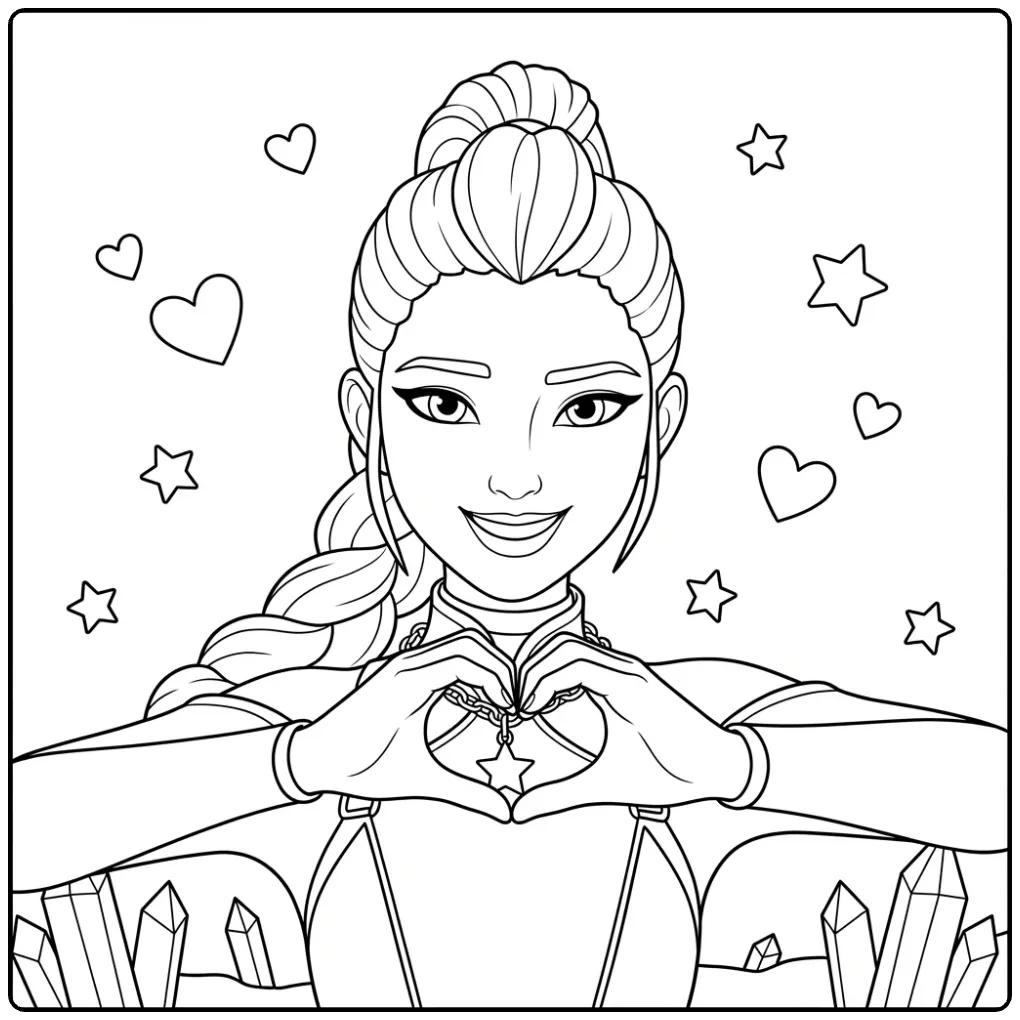 Kleurplaat kpop demon hunters rumi met hartjes en sterren.