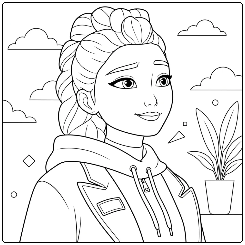 Kleurplaat Kpop Demon Hunters Rumi in haar kenmerkende hoodie.