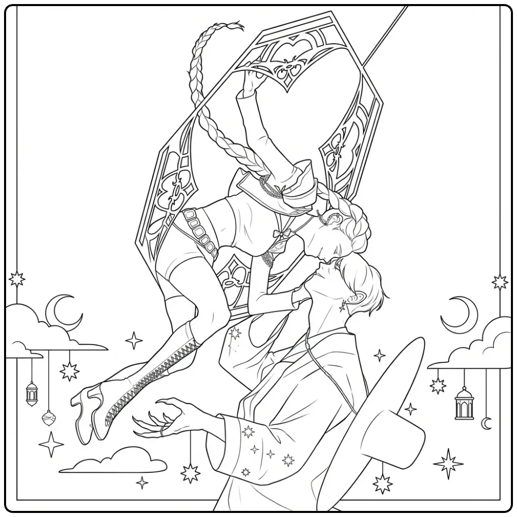 Kleurplaat kpop demon hunters Rumi, een romantisch moment in een schommel.