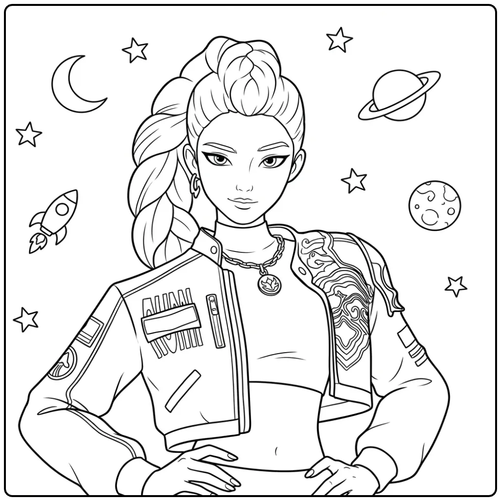 Kleurplaat kpop demon hunters rumi van een vrouw met vlecht in de ruimte.