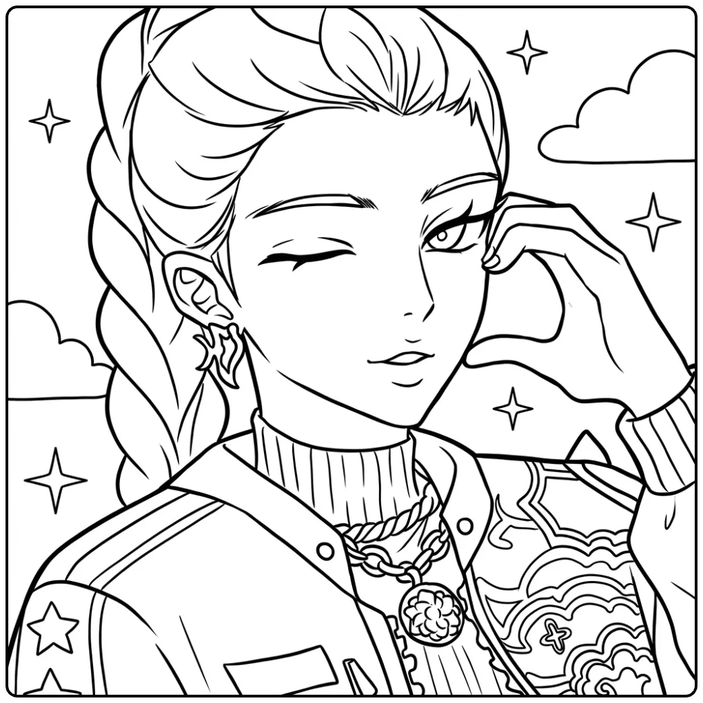 Kleurplaat kpop demon hunters rumi, knipogend met handhart.