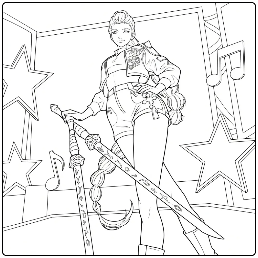 Een kleurplaat kpop demon hunters rumi met zwaarden.