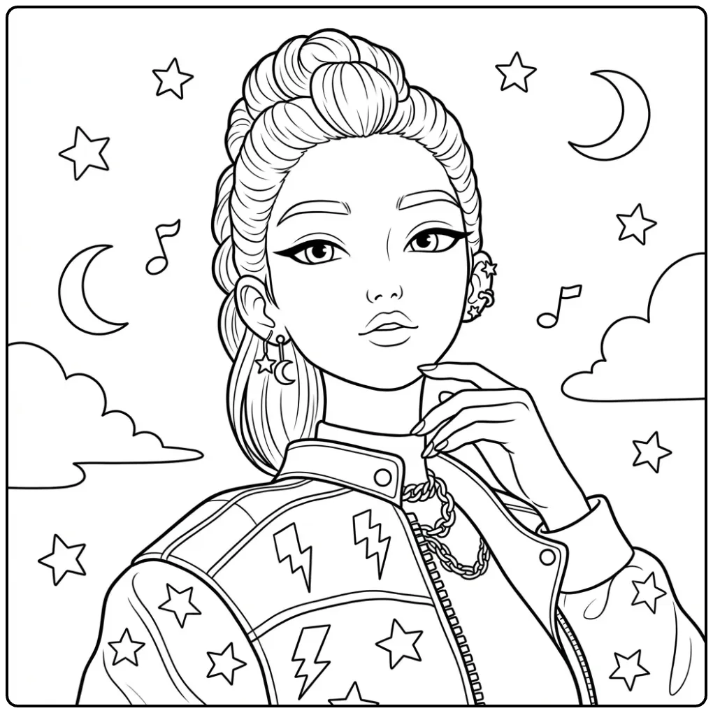 Kleurplaat kpop demon hunters rumi met sterren en manen.