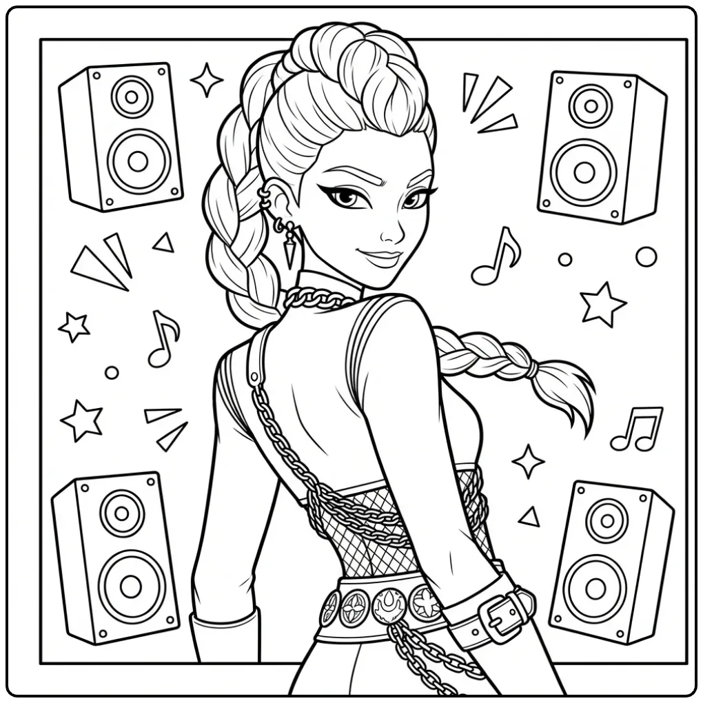 Kleurplaat kpop demon hunters rumi, vrouw met vlecht.