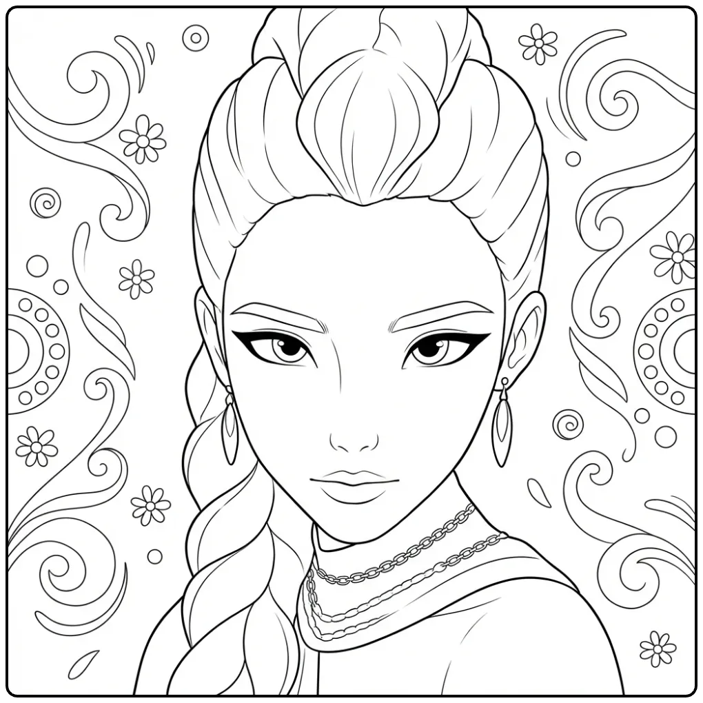 Een kleurplaat kpop demon hunters rumi portret met vlecht.