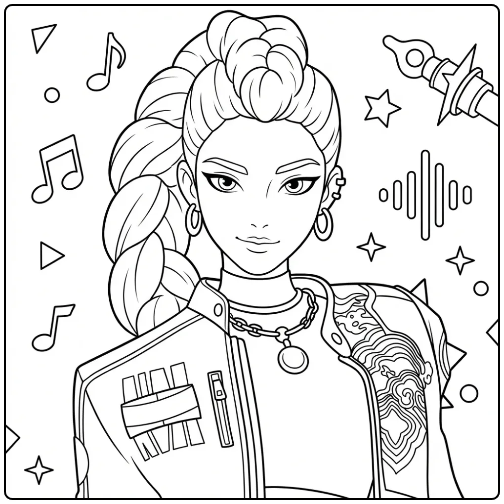 Een kleurplaat Kpop Demon Hunters Rumi karakter met vlecht.