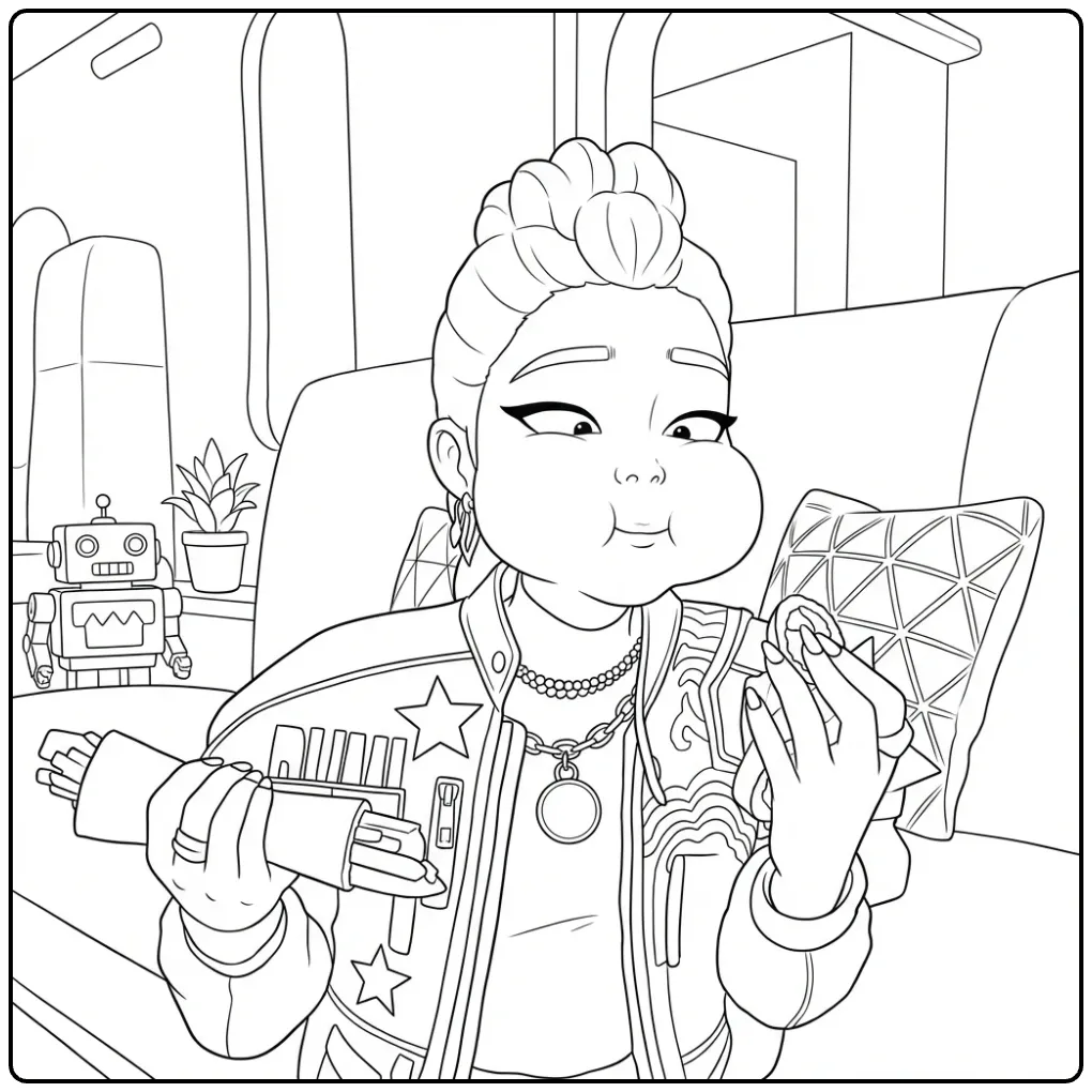 Kleurplaat Kpop Demon Hunters Rumi eet een snack op de bank.