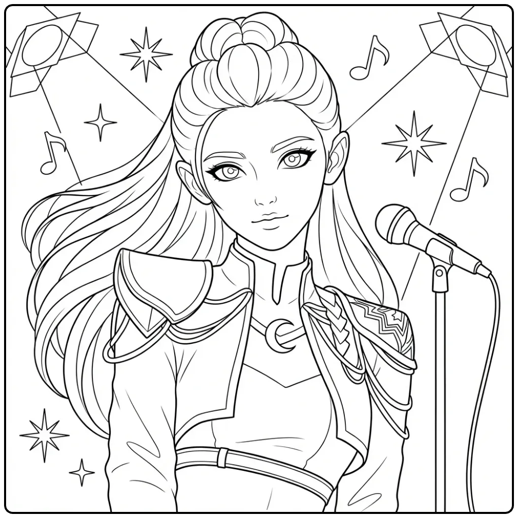 Zangeres op kleurplaat kpop demon hunters rumi podium.