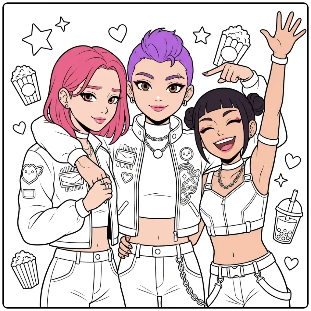 Kleurplaat kpop demon hunters: drie meiden poseren vrolijk samen.