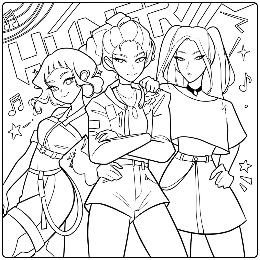 Kleurplaat kpop demon hunters van een meidengroep.