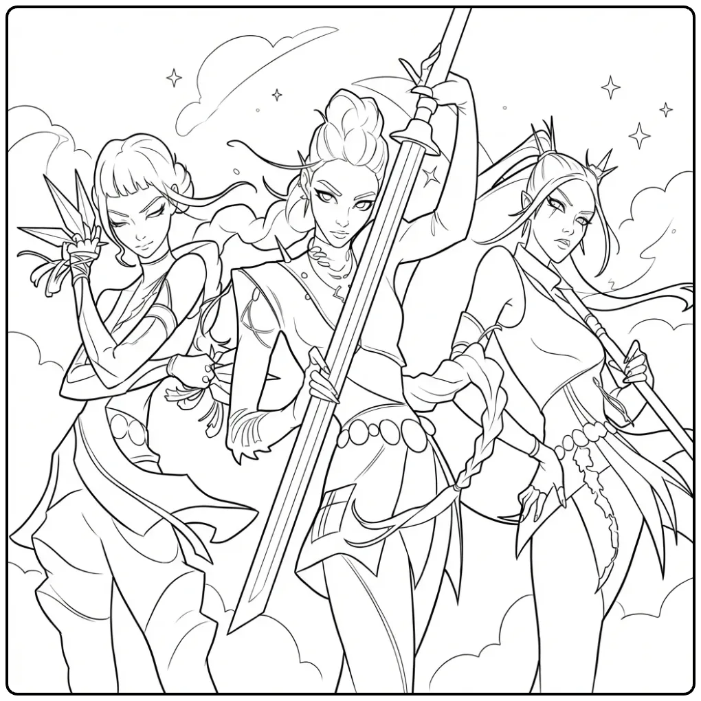 Kleurplaat kpop demon hunters: drie strijders met wapens.