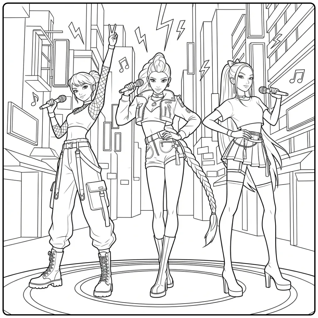 Kleurplaat kpop demon hunters van drie zangeressen op een podium.
