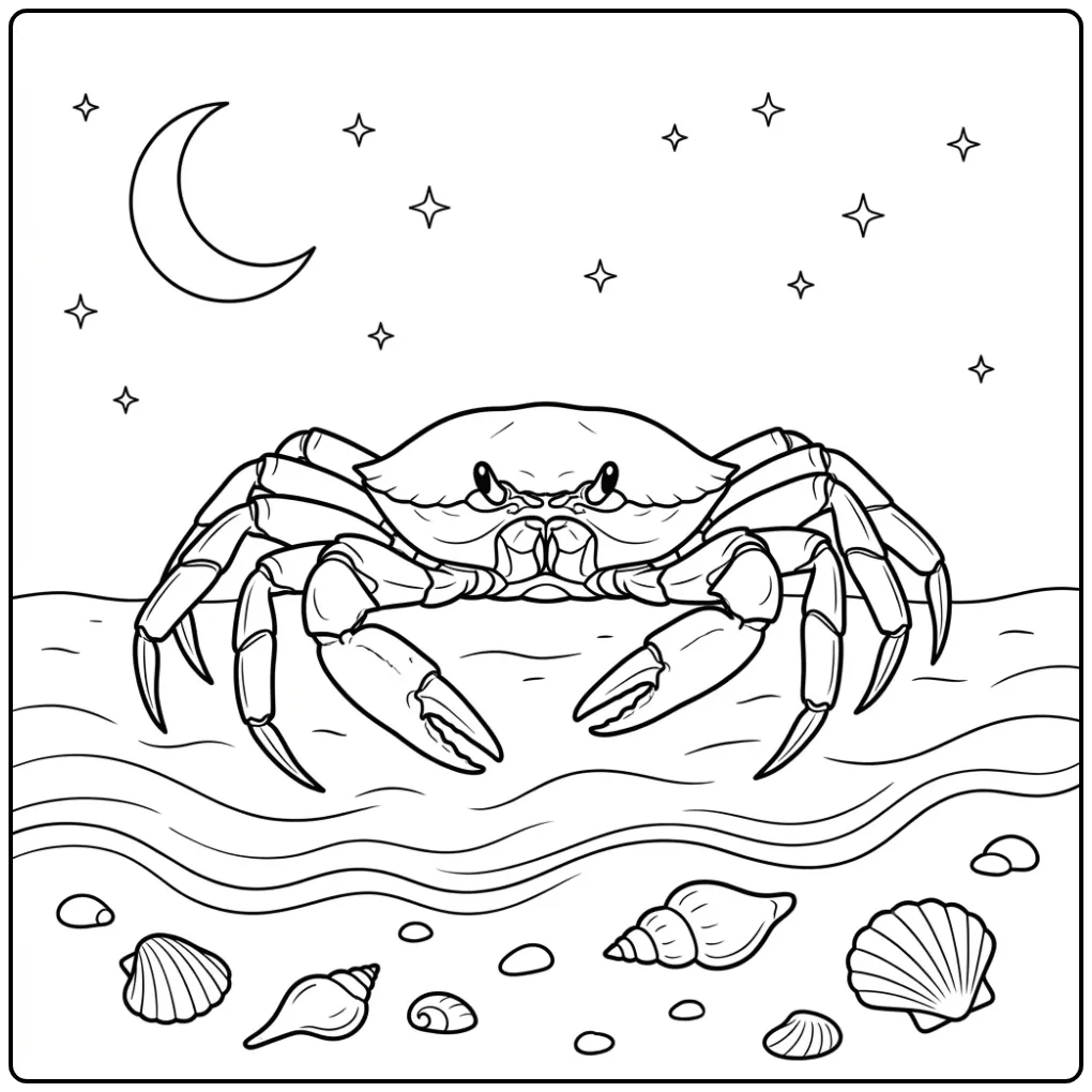Leuke kleurplaat krab op het strand onder de maan en sterren.