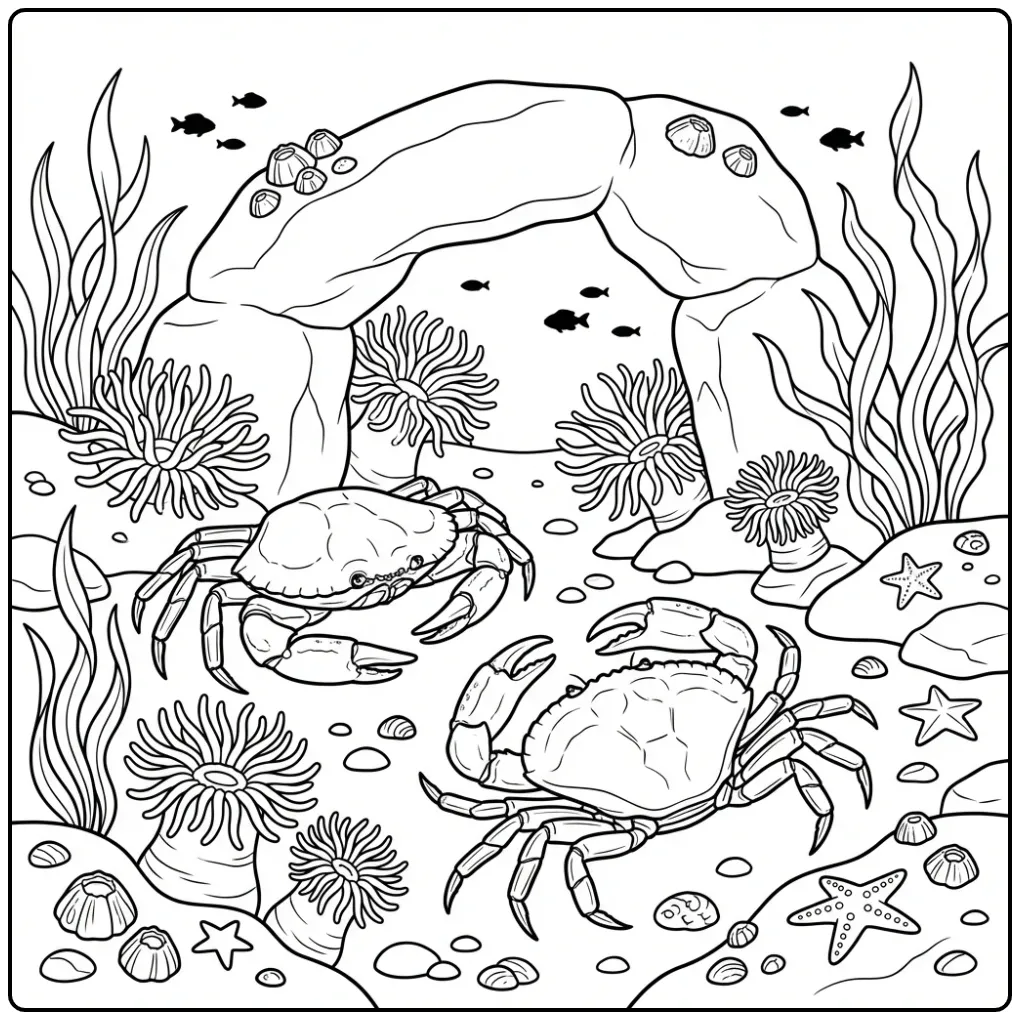 Twee schattige krabben bij een rotsboog als kleurplaat krab.