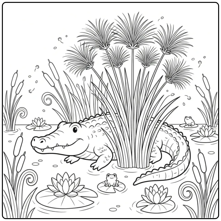 Een schattige kleurplaat krokodil tussen papyrus en kikkers.