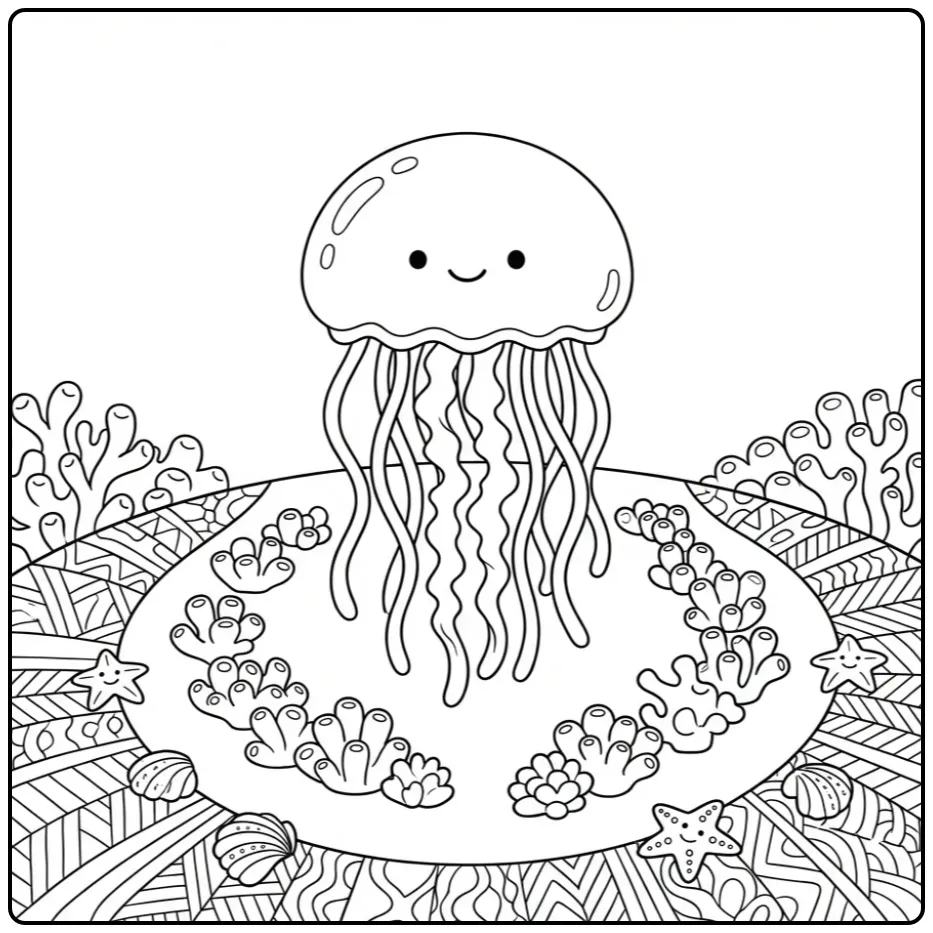 Schattige kleurplaat kwal met zeesterren en koraalrif.