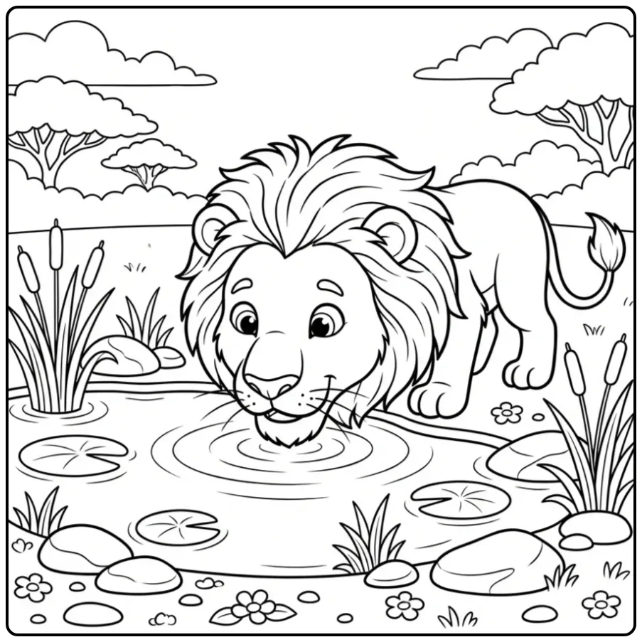 Een leuke kleurplaat leeuw die water drinkt bij een poel.